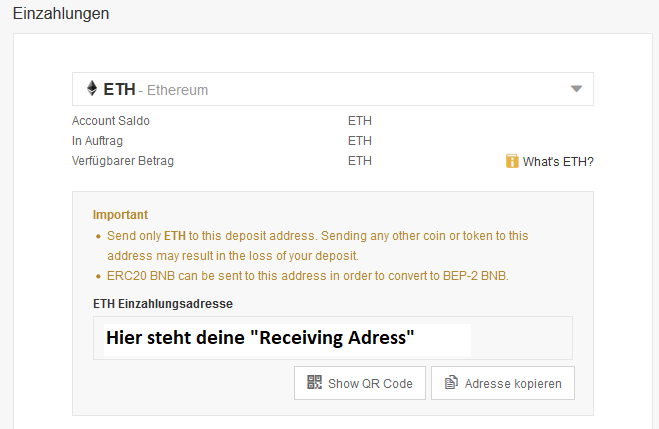 Bitcoin Receiving Adress bei Binance