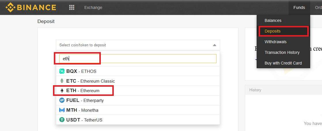 Deposit Ether on Binance