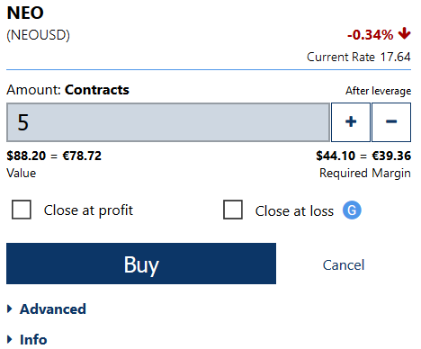 Buy NEO on Plus500 Step 2