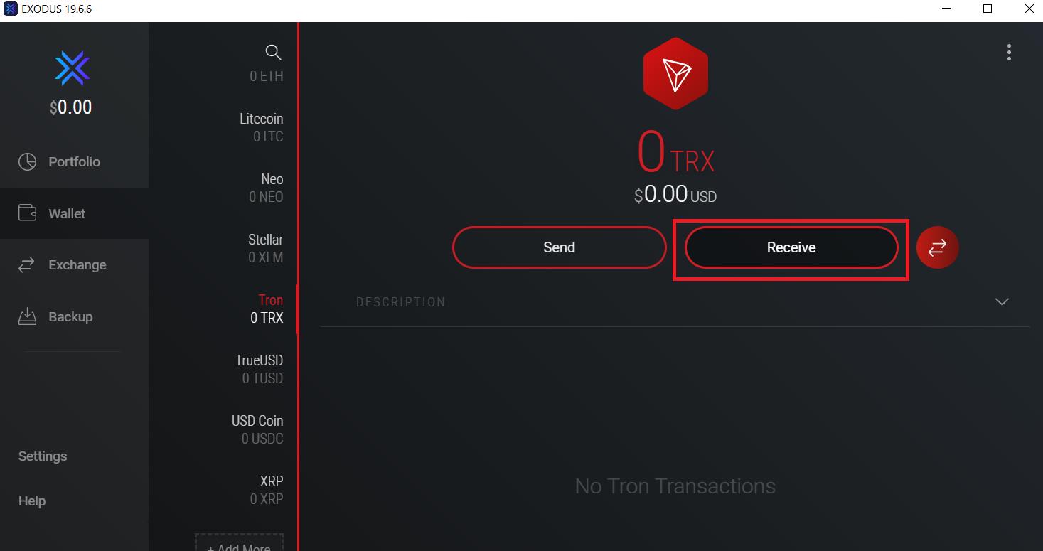 send and receive TRX with Exodus wallet