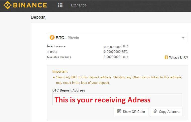 Binance BTC Receiving adress for buying ZCash