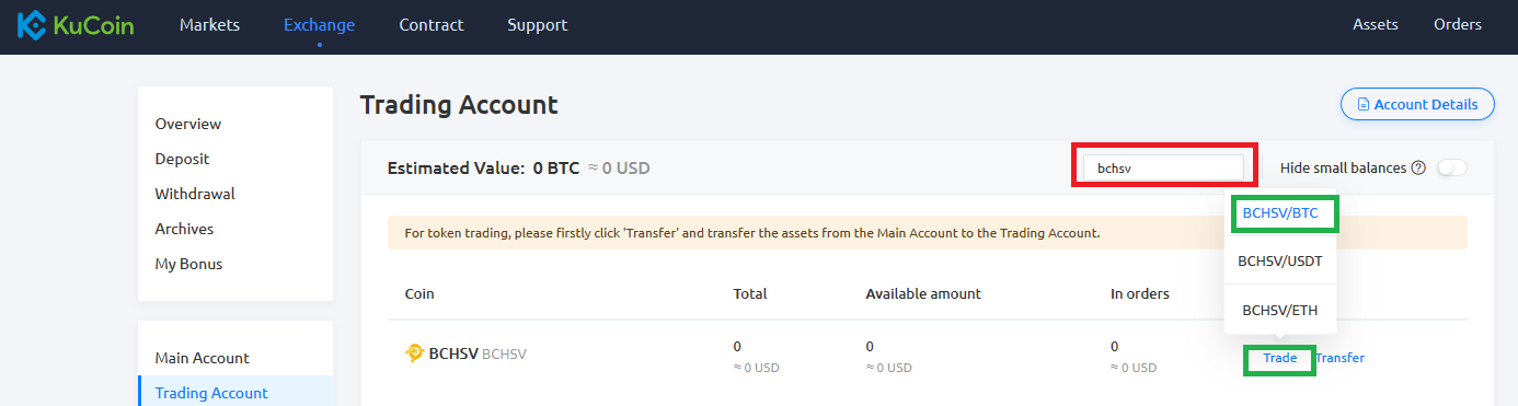 trade Bitcoin SV on KuCoin