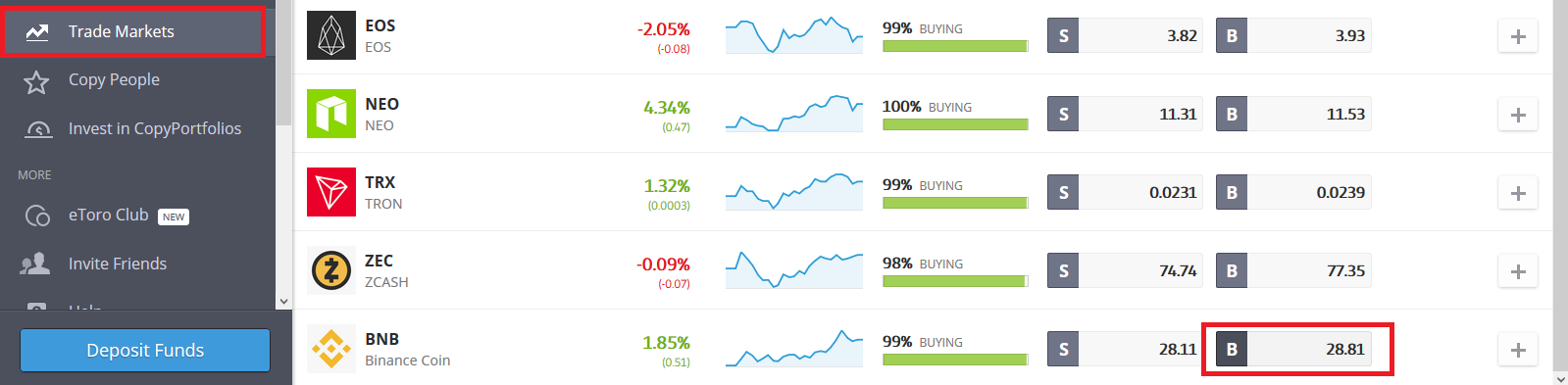 Select eToro Binance Coin