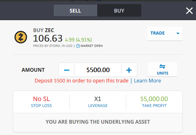 Buy ZCash on eToro Step 3