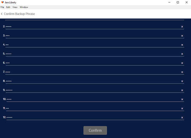 Jaxx Liberty Wallet Backup Step 2