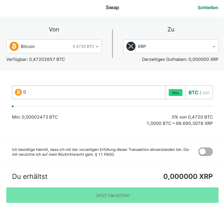 Dashboard on Bitpanda to Swap Bitcoin or any other cryptocurrency on Bitpanda for XRP